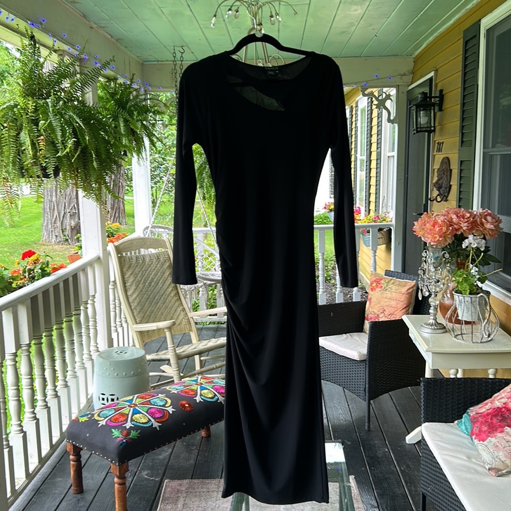 Venus long black dress with ride side ruching and neckline cut out. Very comfy!